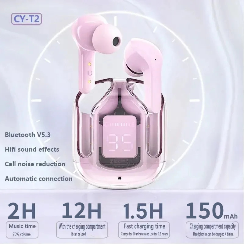 Wireless Bluetooth Earphone, Transparent Headphones, LED Power Digital Display, Stereo Sound Earphones