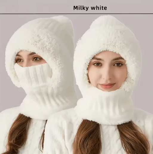 Winter Fleece Lined Knitted Hat with Ear Flaps Windproof Hooded Neck Gaiter for Cold Weather Cycling