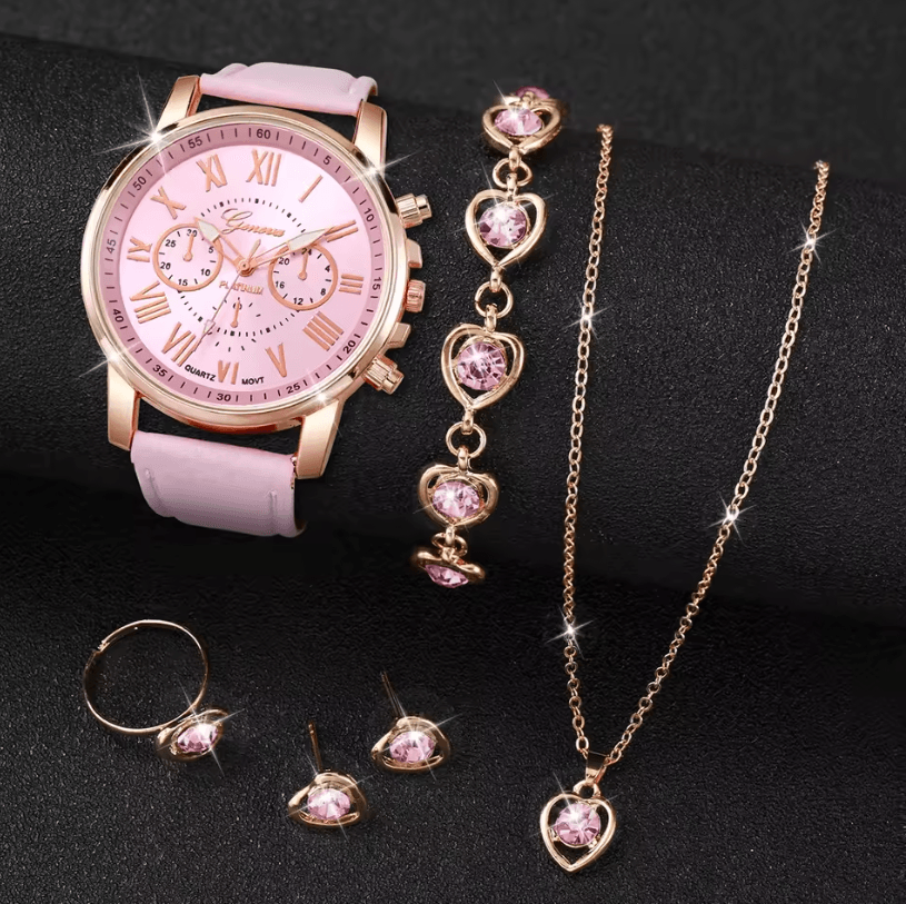 Fashion Womens Quartz Watch Set with Leather Bands and Heart Rhinestone Accent (5/6 PCS)