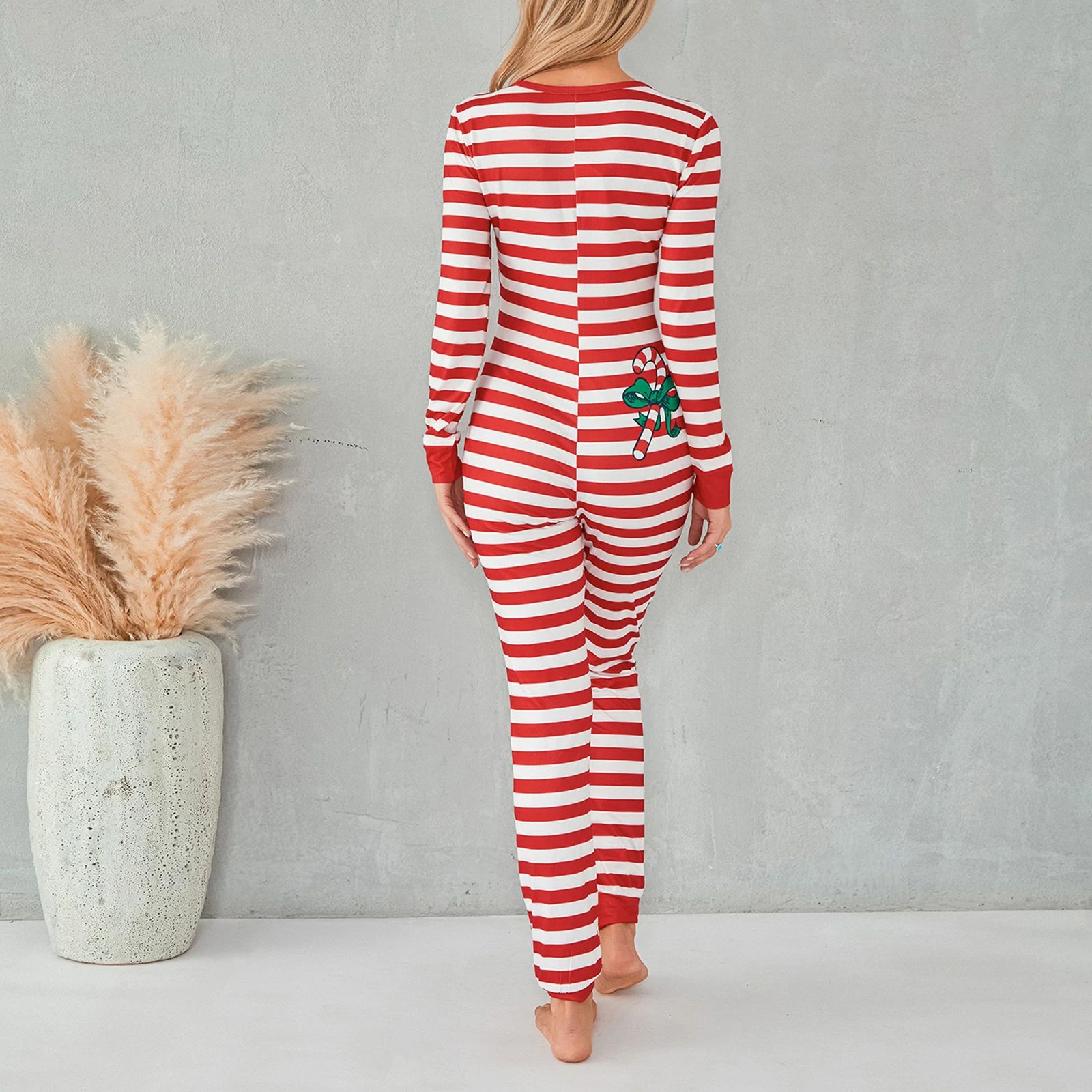 Cozy Striped Button-Front Womens Pajama Romper – Long Sleeve Christmas Lounge Jumpsuit Sleepwear