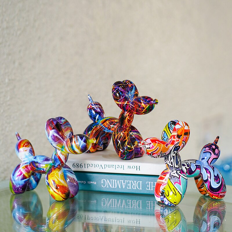 Colorful Resin Graffiti Balloon Dog Figurines for Interior Home Decoration, Artistic Animal Statue Crafts
