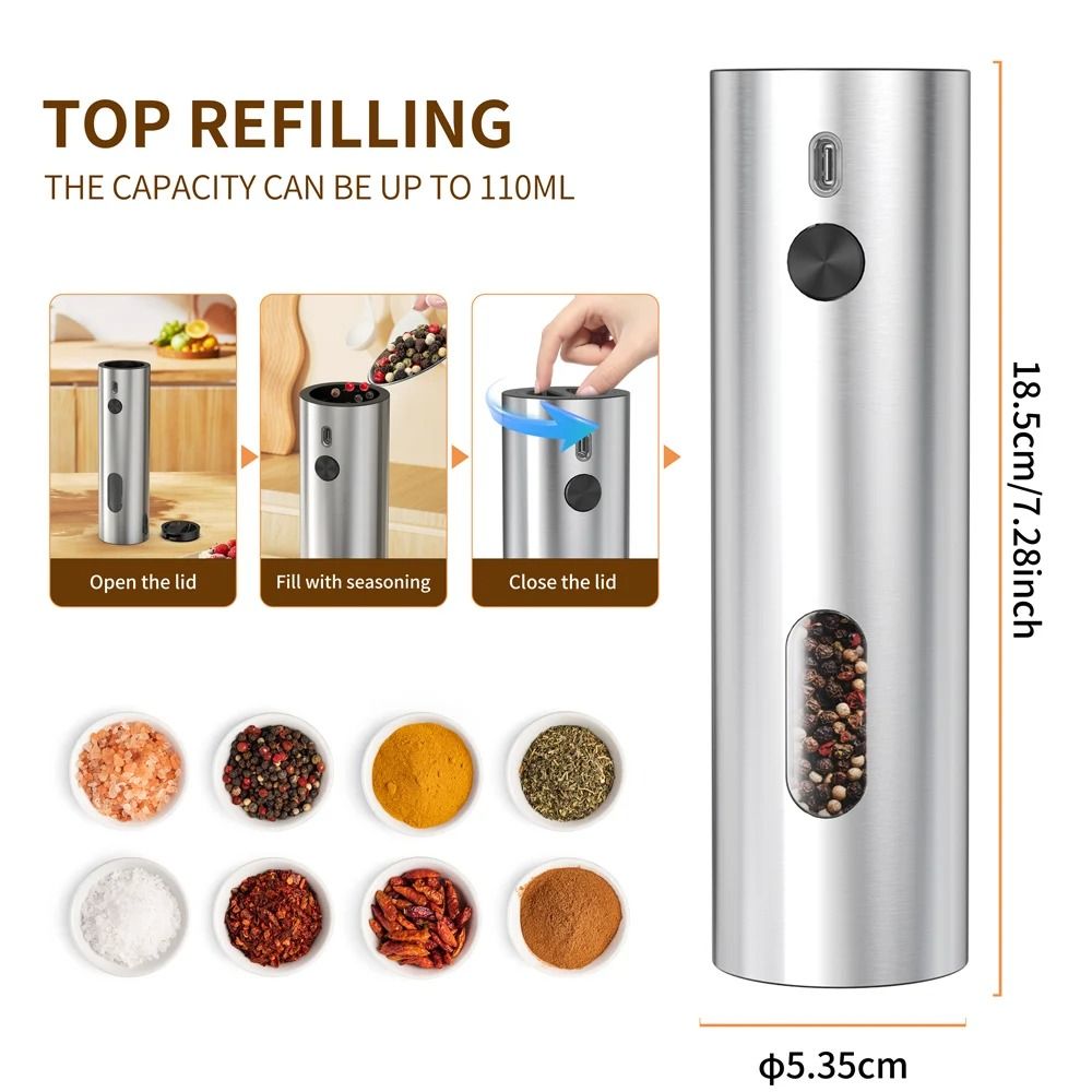 Stainless Steel Electric Pepper Grinder | USB Rechargeable Automatic Mill Set