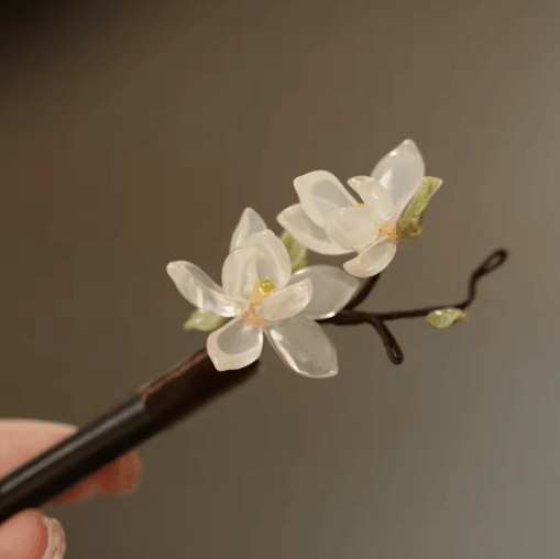 Pink Flower Hair Pin Retro Chinese Style Wooden Hair Sticks with Pendant for Hanfu
