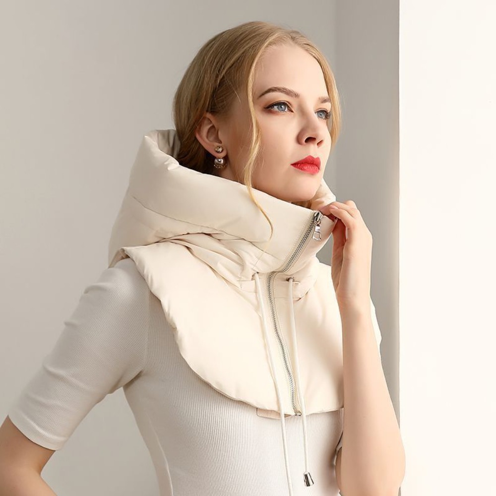 Women's Ultralight Down Hooded Hats, Drawstring Neck Cover, Removable Scarf, Zipper Coat Balaclava Hat