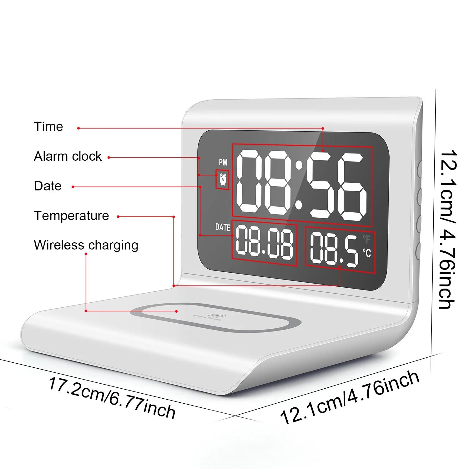 Wireless Charging Pad Stand with Alarm Clock and Thermometer