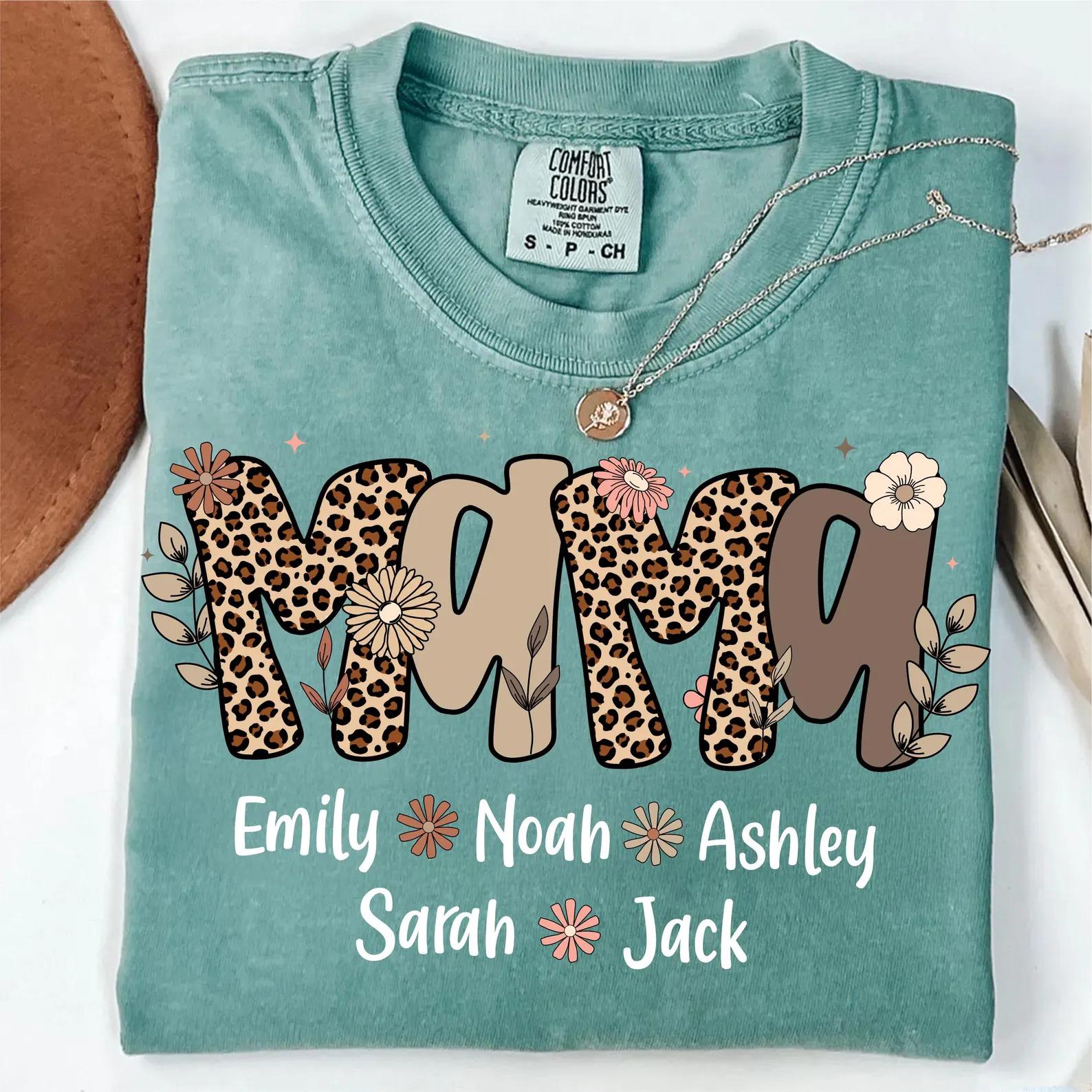 Personalized Mama Leopard Print Sweatshirt with Kids Names Custom Mom Pullover Gift