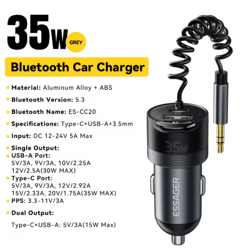 Essager Bluetooth 5 3 Car Adapter & Fast Car Charger with 3.5mm AUX Bluetooth Adapter for Hands Free Audio and Dual Port