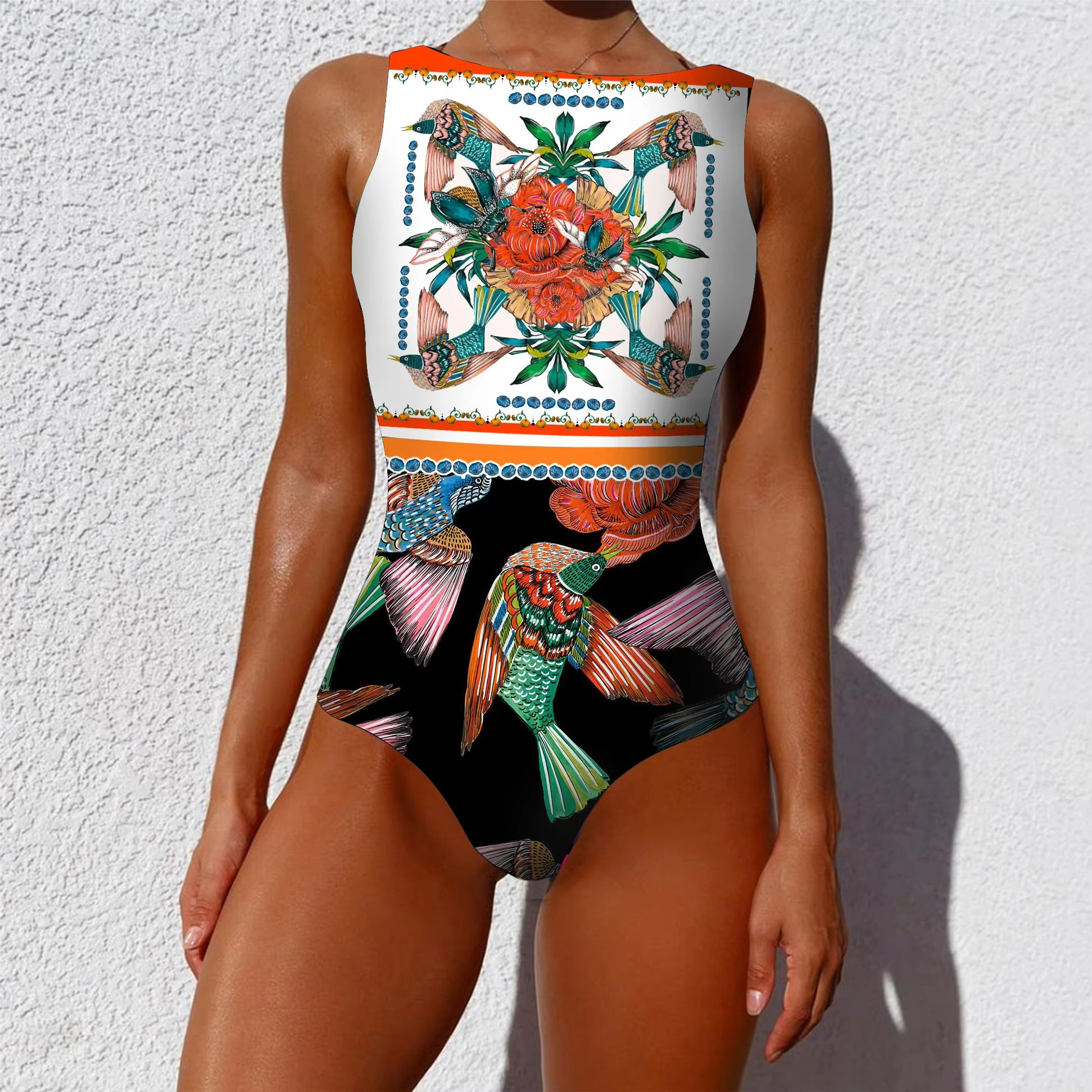 Women's Printed One-Piece Swimsuit – Push Up Lace-Up Beachwear