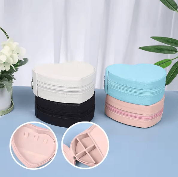 LuxeHeart Heart Shaped Jewelry Box Travel Organizer Leather Zipper Case for Rings Earrings Necklace Portable Storage