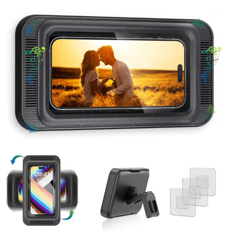 Waterproof Shower Phone Holder with Speaker and 480 Degree Rotation