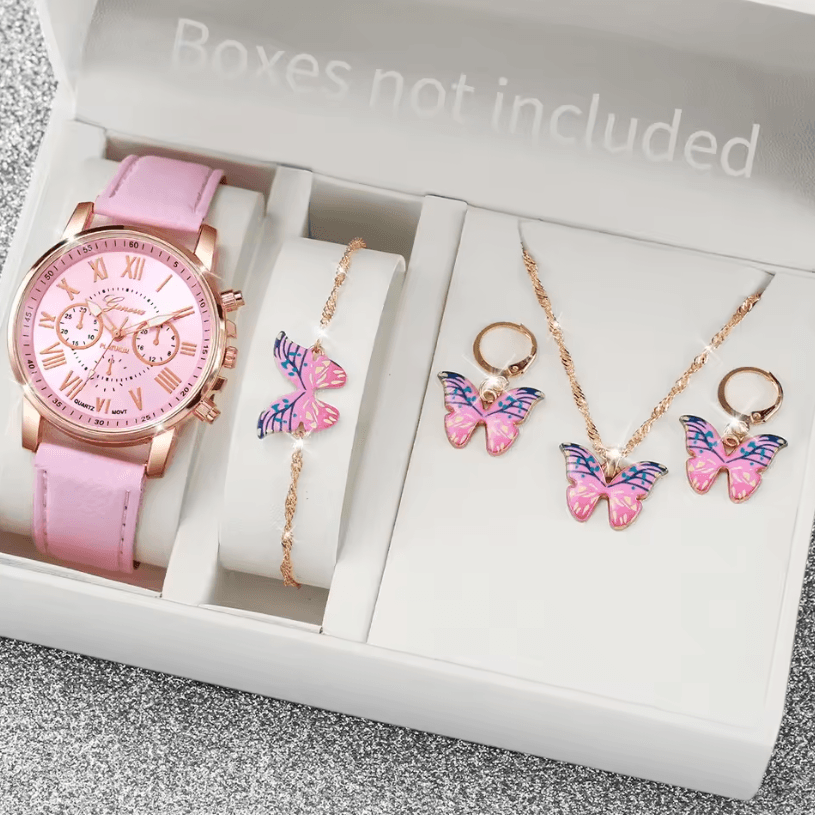 Fashion Womens Quartz Watch Set with Leather Bands and Heart Rhinestone Accent (5/6 PCS)
