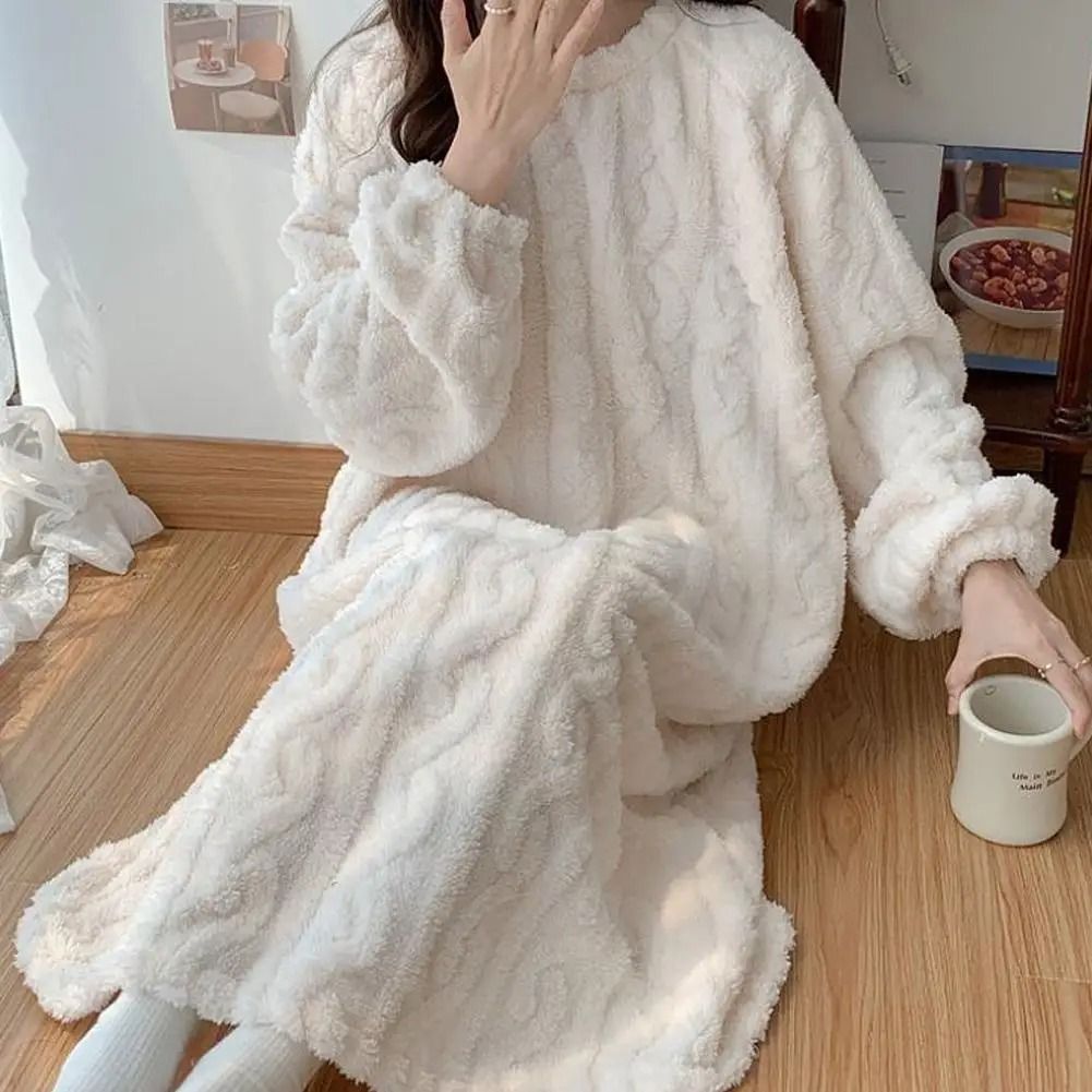 Womens Winter Long Flannel Nightgown With Pockets