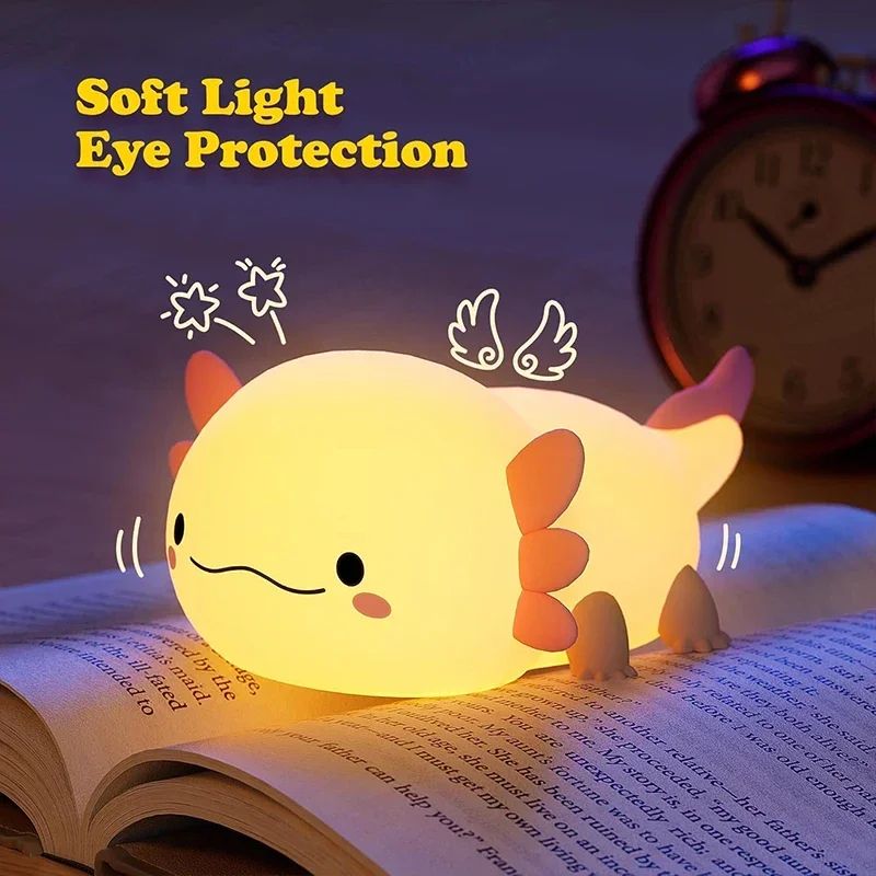 Cute Axolotl Silicone LED Night Light – Touch Control Rechargeable Kids Bedside Lamp
