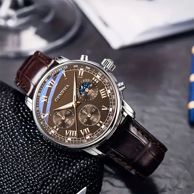 GENEVA Round Business Mens Quartz Watch with Luminous Dial & Leather Strap