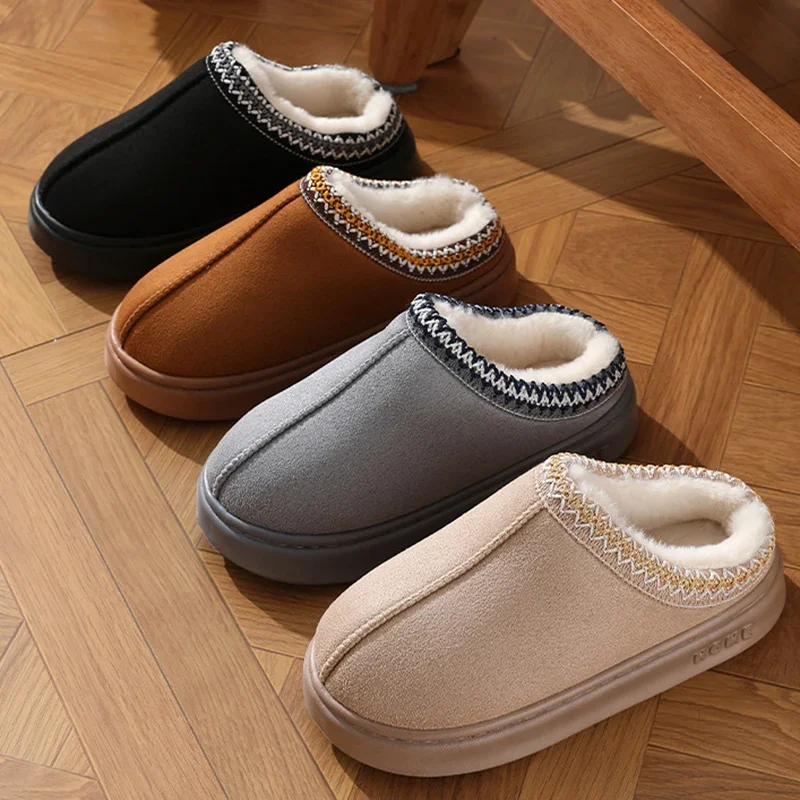 Plush Winter Home Cozy Slippers for Women Cotton Warm Non Slip Indoor Platform Shoes