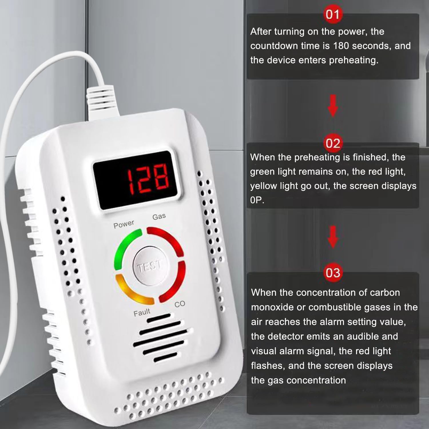 Carbon Monoxide CO Detector And Natural Gas Detector, Kitchen Methane CH4 Alarm, Combustible Gas Leak Detector Monitor
