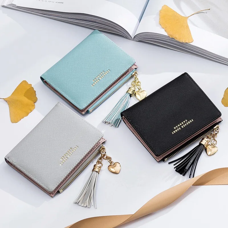 Fashion Womens RFID Wallet with Tassel Stylish Mini Zipper Coin Purse Small Leather Card Holder for Women