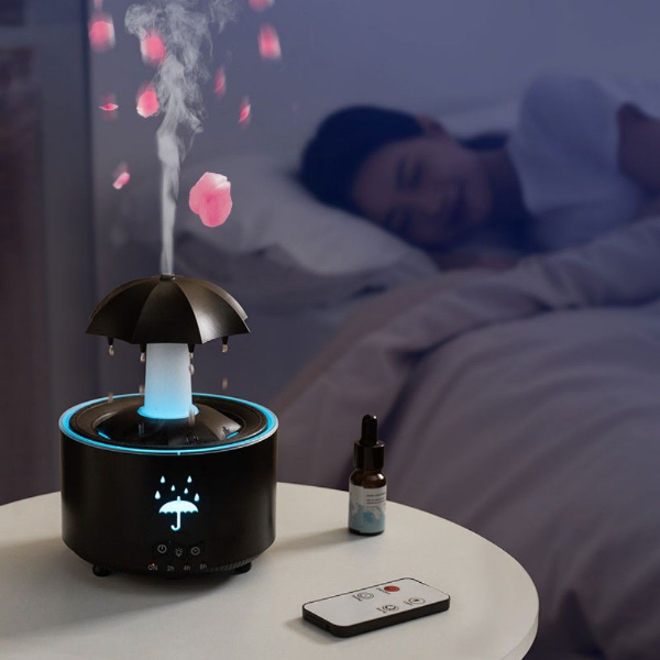 Rotating Umbrella Waterfall Humidifier, LED Aromatherapy Diffuser with Raindrop