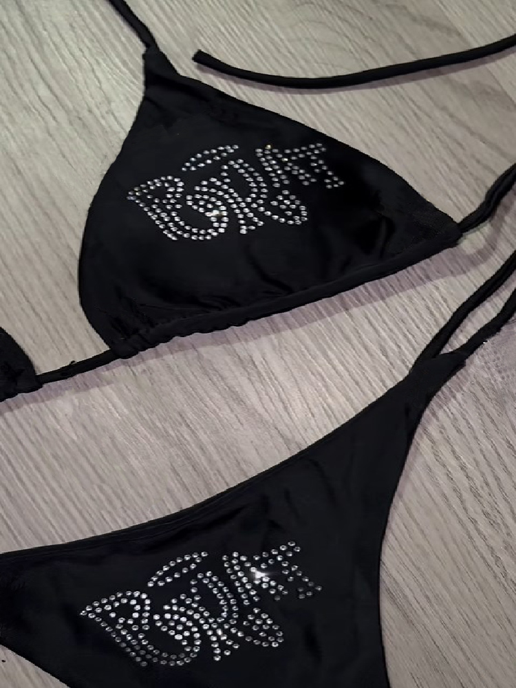 Grunge Swimsuit Bikini, Woman Punk Beach Swimwear, Gothic BRAT Rhinestone Printing, Lace Up Bathing Suits