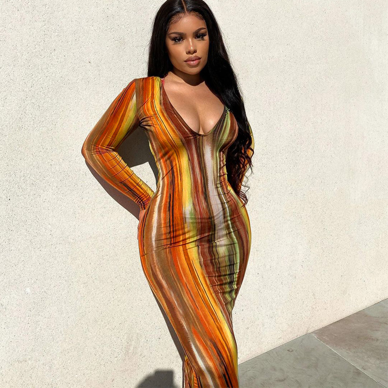 Spring and Autumn New Women's V-neck Stripe Long Sleeve Tight Fit Sexy Dress for Women, Comfortable and Stylish Dress