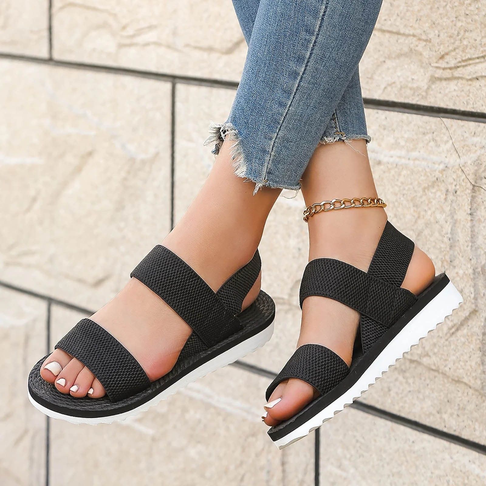 Women's Black Flat Sandals – Comfortable Anti-Slip Summer Shoes with Lace-Up Detail