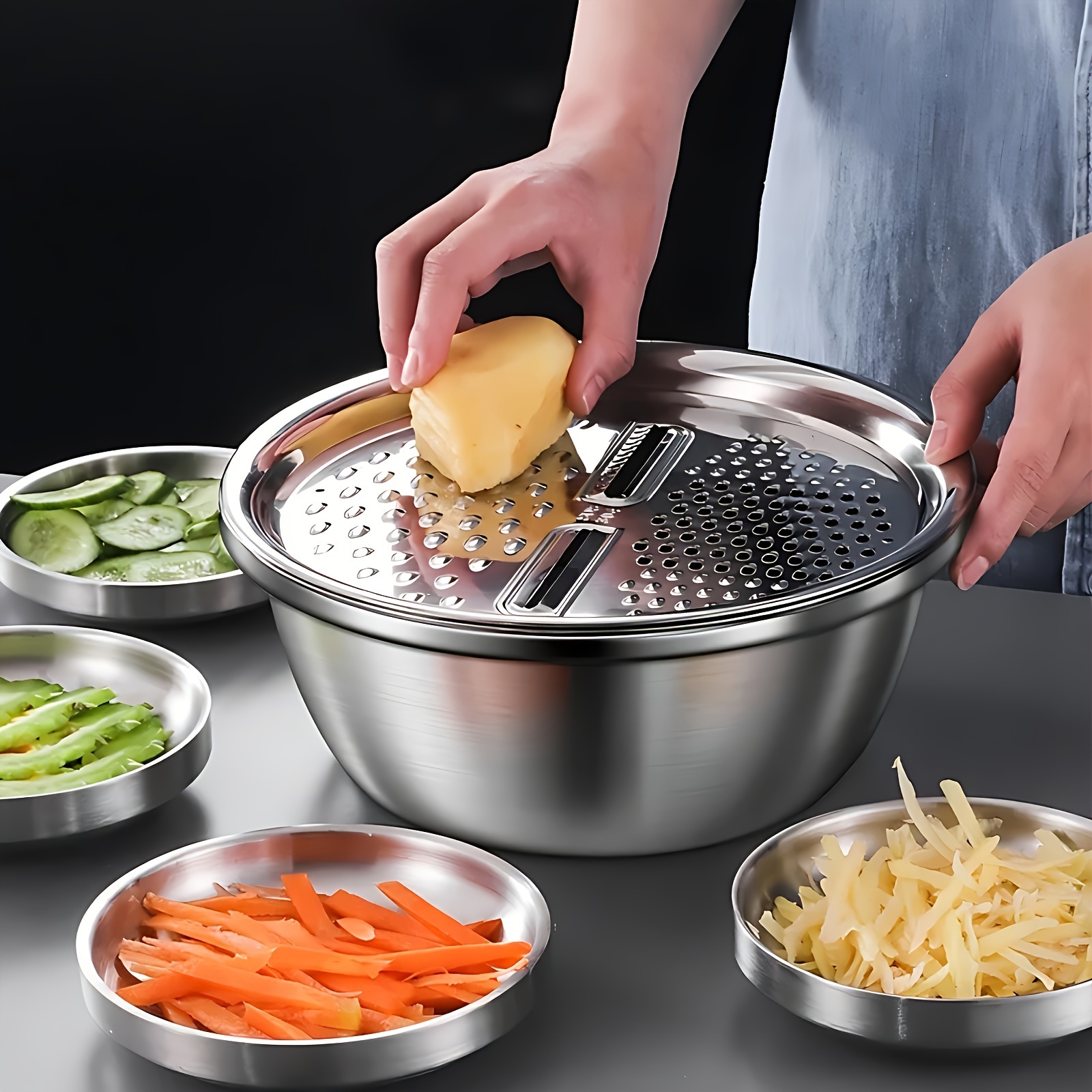 Mixing Bowl and Stainless Steel Multifunctional Strainer for Washing and Slicing Fruits, Vegetables