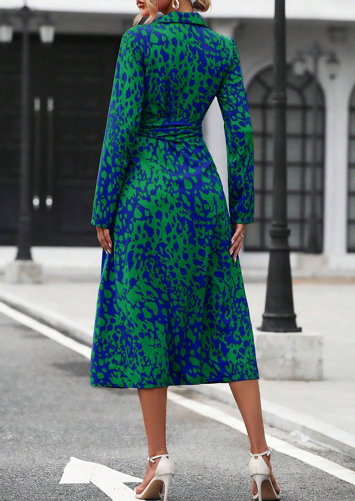 Women's Long Sleeve Belted Waist Midi Dress, Elegant Random Print Button Down Shirt Dress, Spring Fall Office Casual