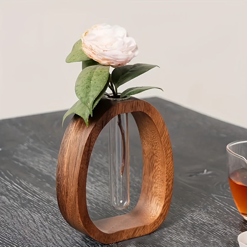 Walnut Wood Hydroponic Vase with Glass Tube Minimalist Plant Propagation Vase Decor