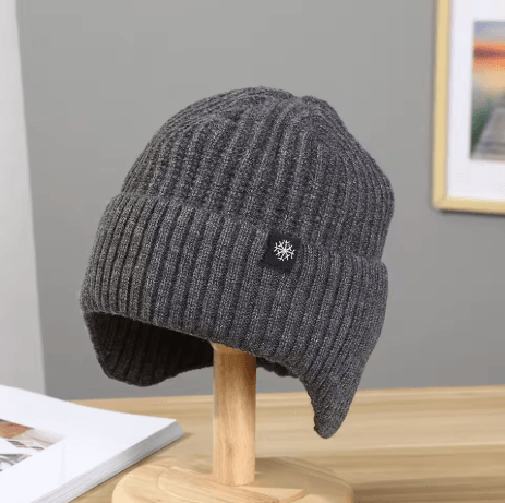 Mens Faux Fur Lined Bomber Hat Winter Knitted Plush Peaked Cap with Earmuffs