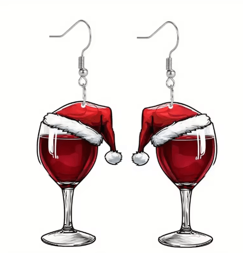 Festive Christmas Wine Glass Earrings – Acrylic Shaker Holiday Party Dangle Earrings