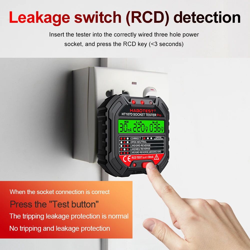HT106 HT107 Digital Socket Tester with Voltage Detector, RCD NCV Test for Ground, Zero Line & Phase Check