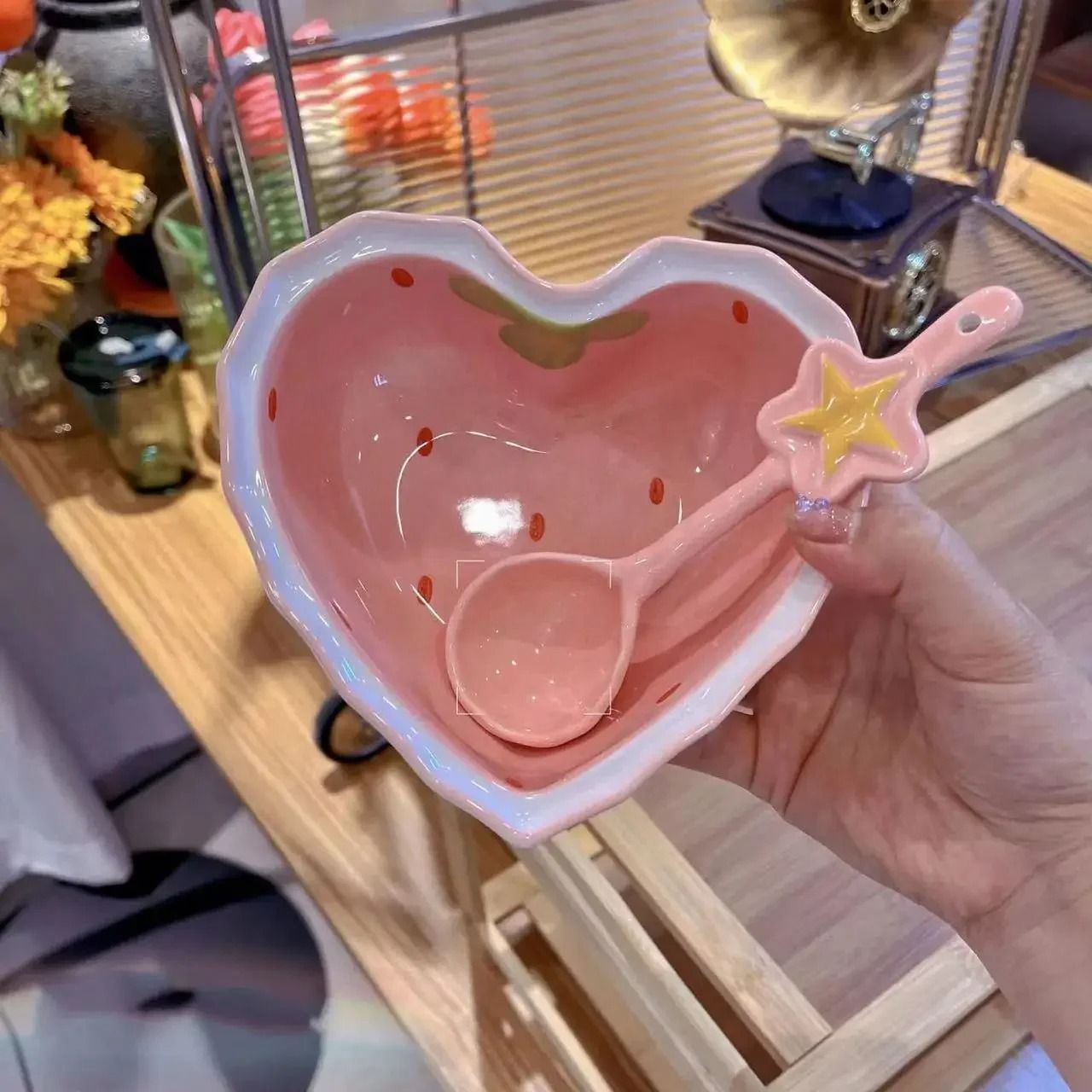 Cute Strawberry Ceramic Ramen Bowl with Matching Spoon