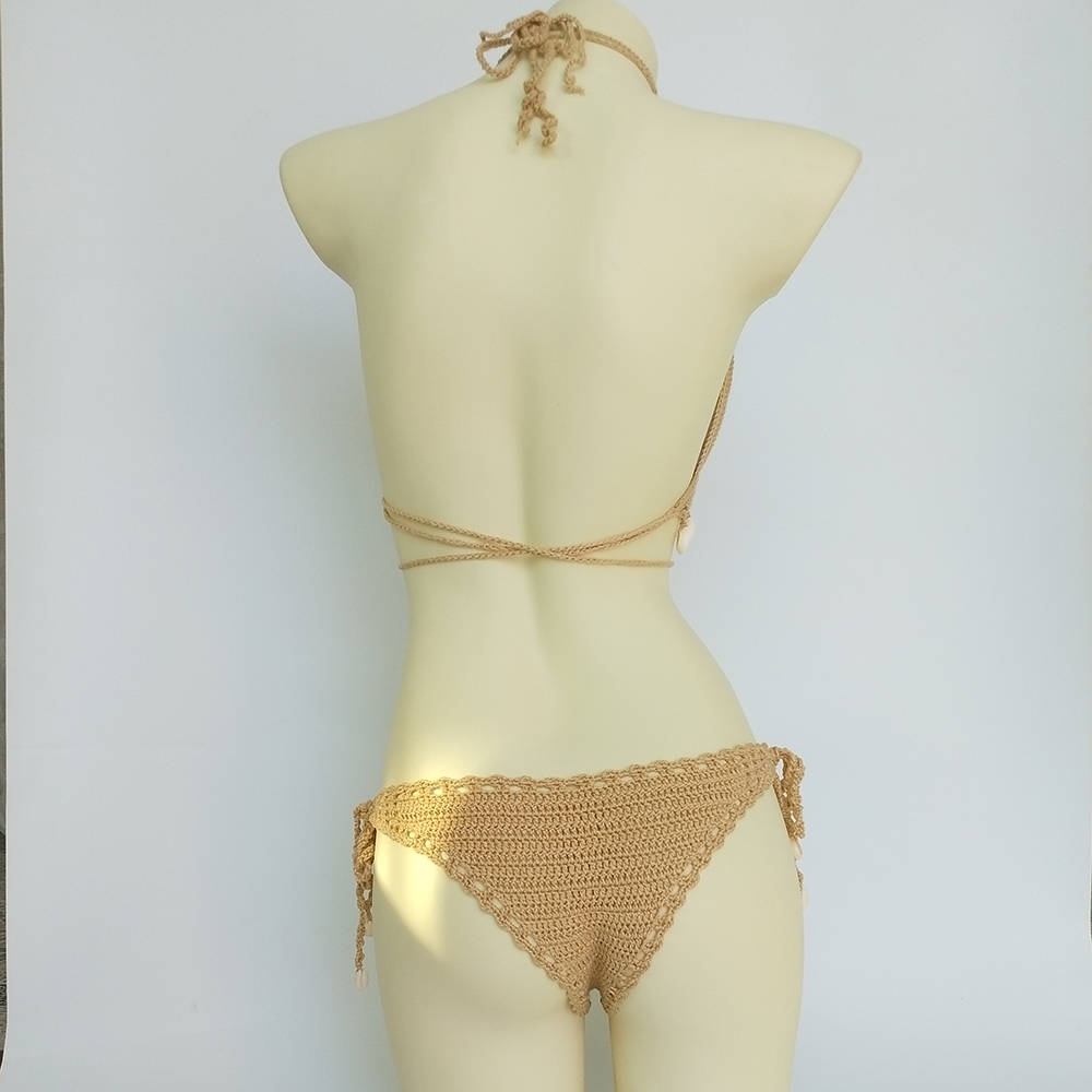 Sexy Bikini Set Woman Crochet Shell Tassel Bikini Top, Seashell Ankle Chain, Low Waist Hollow-out Thong Bottom