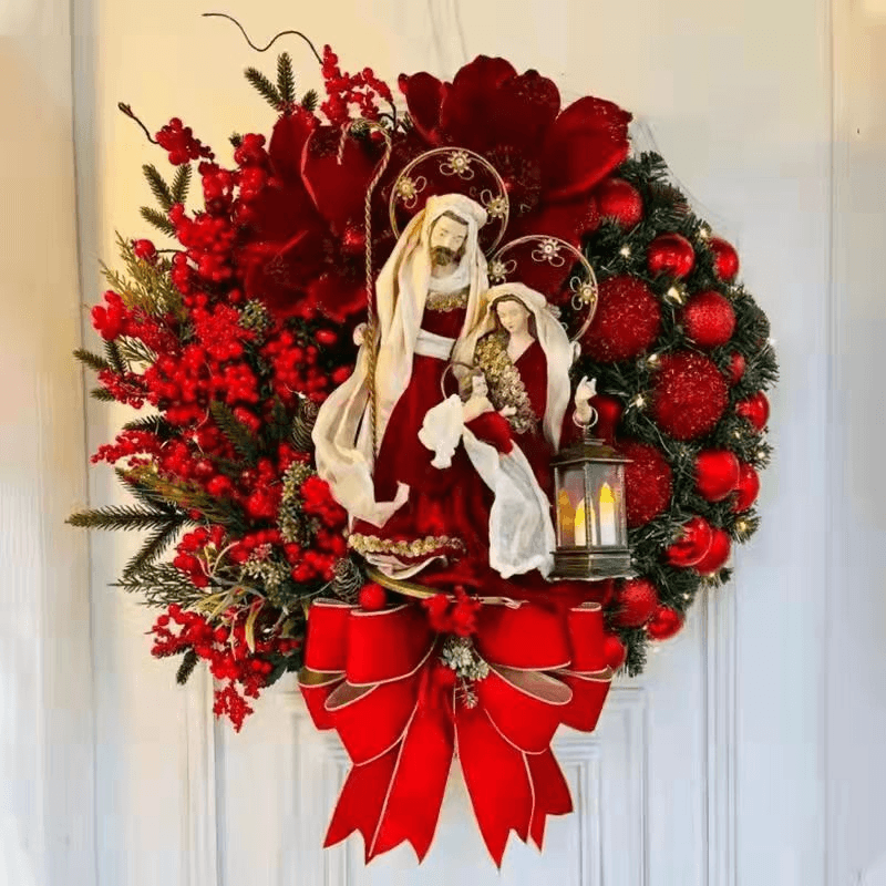 Pre-Lit Christmas Wreath With Lantern For Door or Wall, Instant Festive Glow
