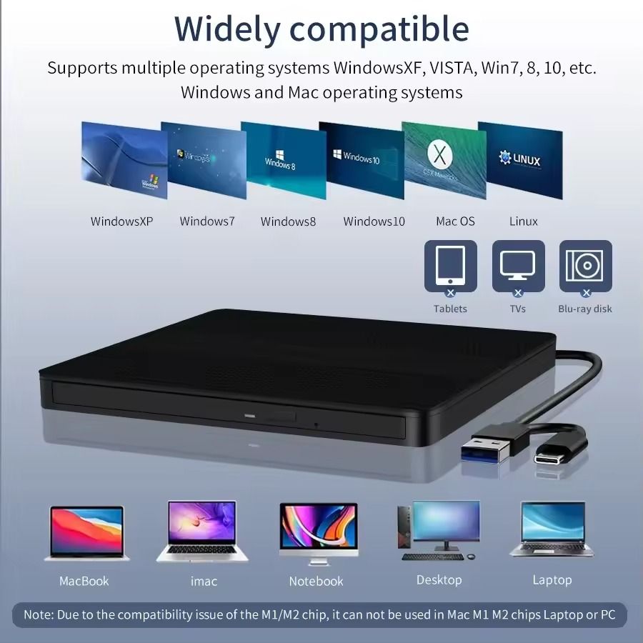 Portable USB 3.0 Type C External DVD RW Drive Burner
