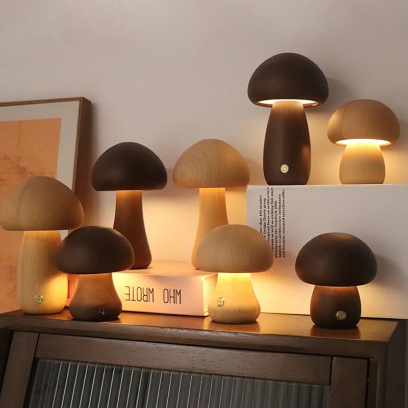 Wooden Mushroom Night Light Touch Control Dimmable Bedside Lamp
