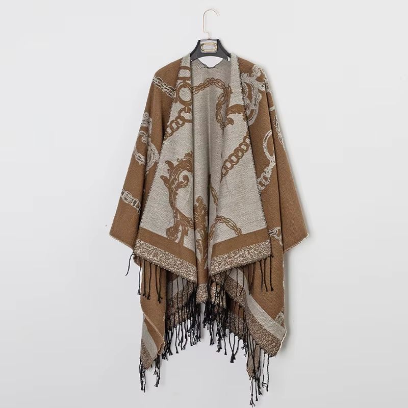 Luxury Jacquard Cashmere Poncho Cape, Thick Unisex Travel Shawl Wrap
