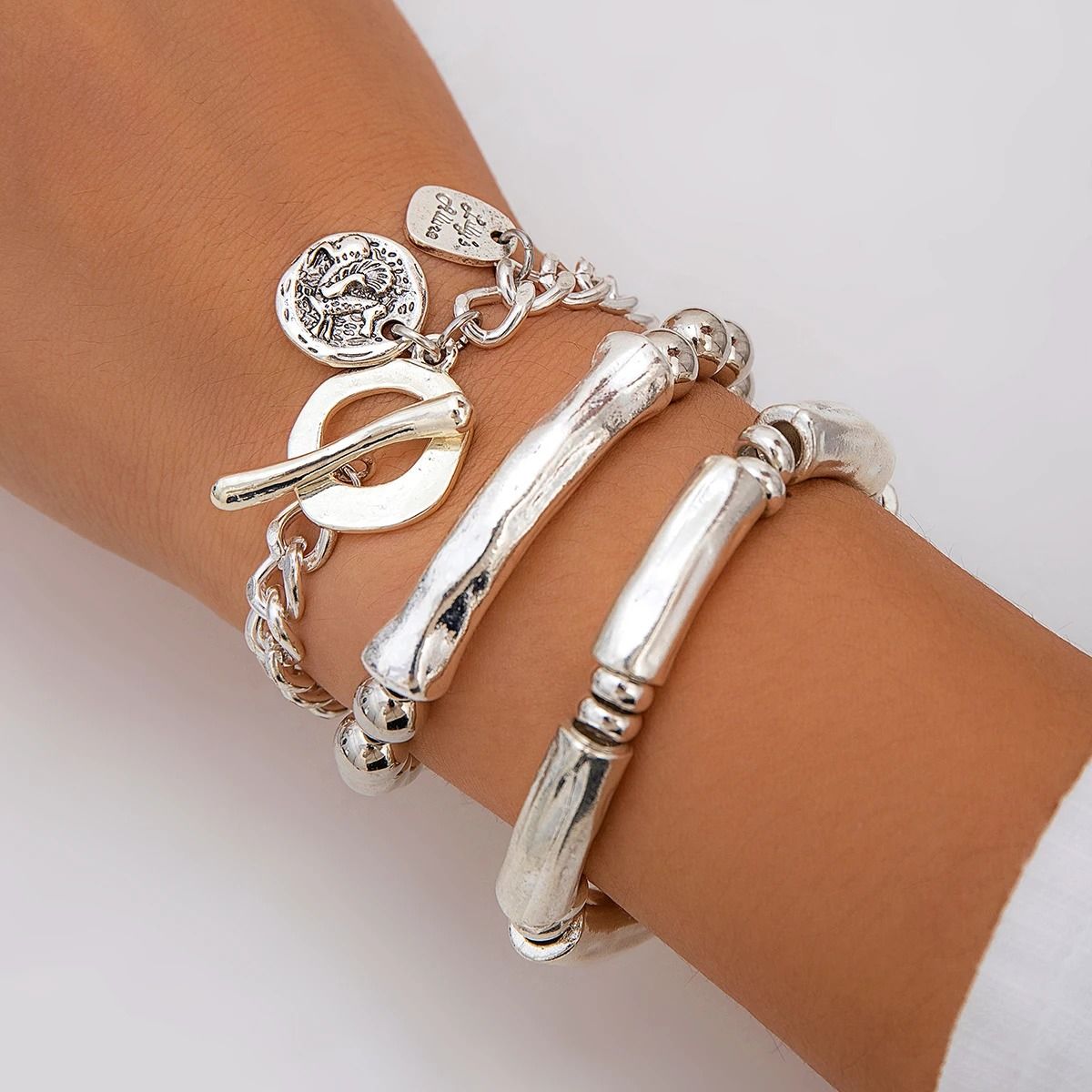 Ingemark 4Pcs/Set Vintage OT Buckle Coin Pendant Bracelet Goth Open Charm Bangles Jewelry Gift