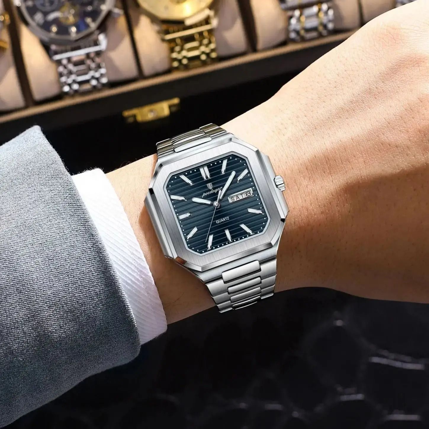 Square Quartz Mens Watch with Luminous Display and Date Week Function