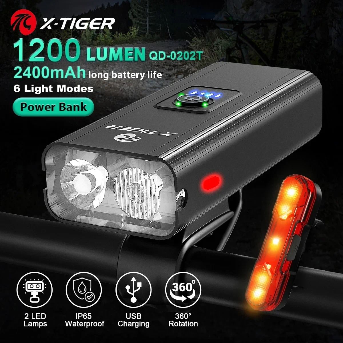 X Tiger Bike Light Headlight Bicycle Lamp with 5200mAh Power Bank