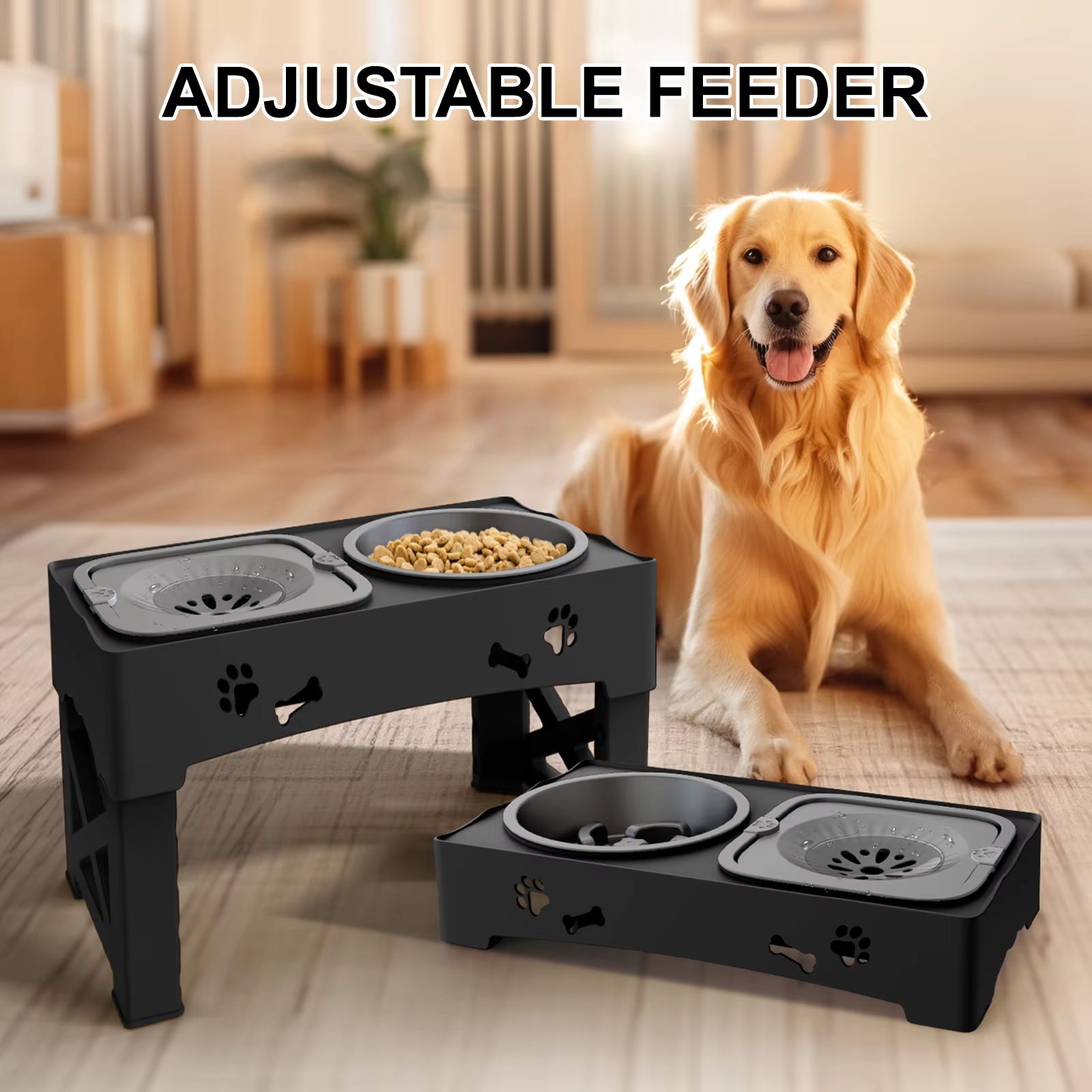 3-in-1 Adjustable Pet Feeder with Double Bowls, Slow Feeder Design, and Foldable Stand