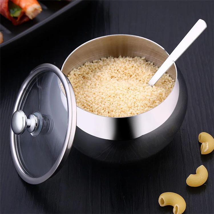 Large Stainless Steel Sugar Bowl with Lid and Spoon