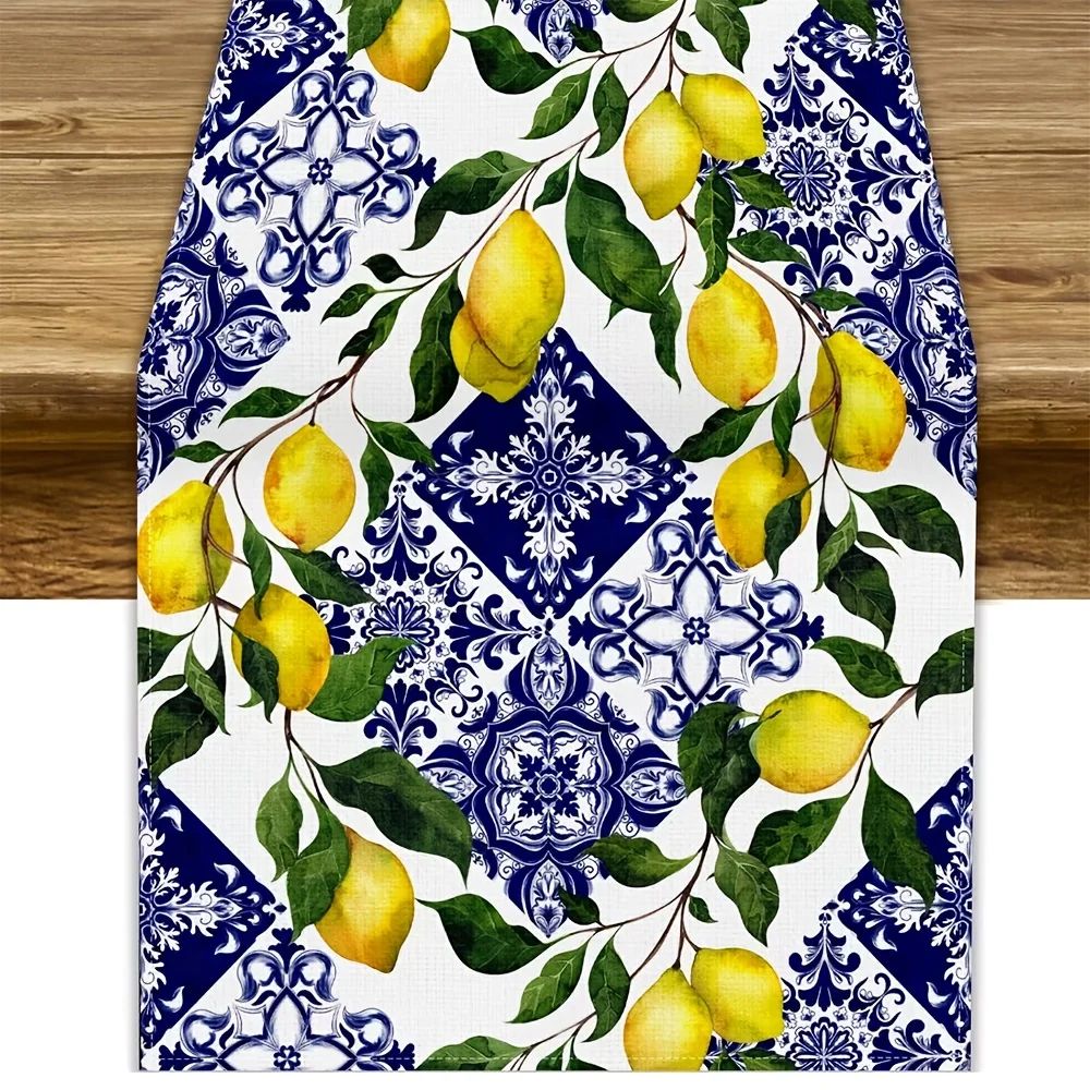 Blue Lemon Linen Table Runner Decor