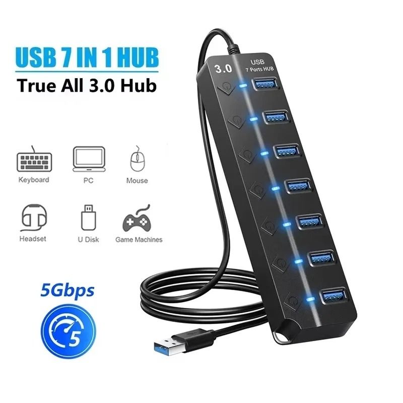 7-in-1 High-Speed USB 3.0 Hub – Multi-Port Adapter with Individual Power Switches for Laptop & PC