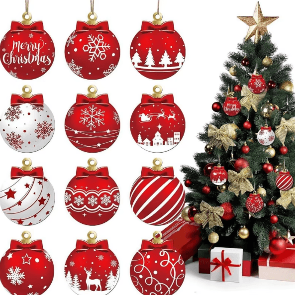 Red & White Wooden Christmas Ball Ornaments Set with Elk & Snowflake Designs