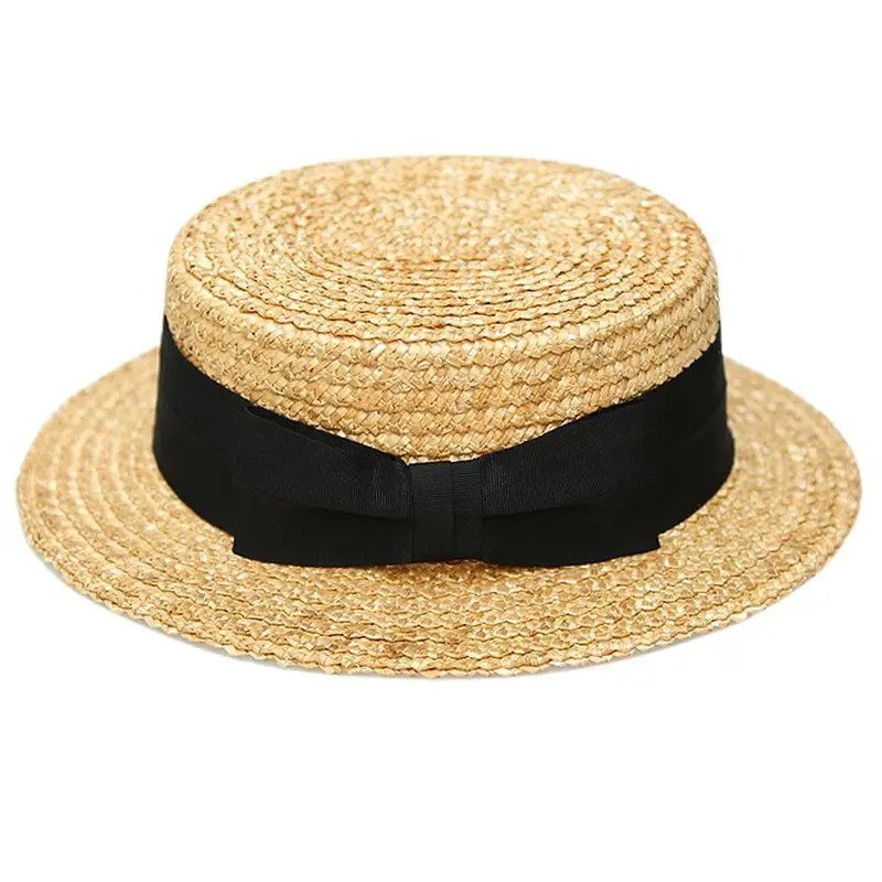 European and American Film Flat Top Hat, British Striped Natural Straw Hat Casual Short Brim Flat Eave Unisex Summer Cap