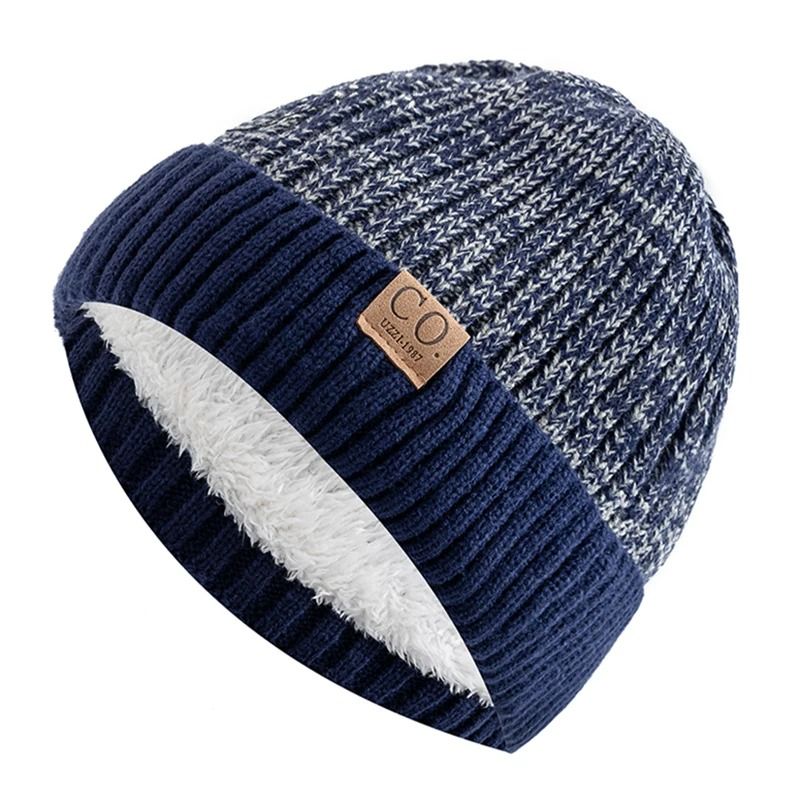 Unisex Two Tone Winter Fur Lined Beanie Hat