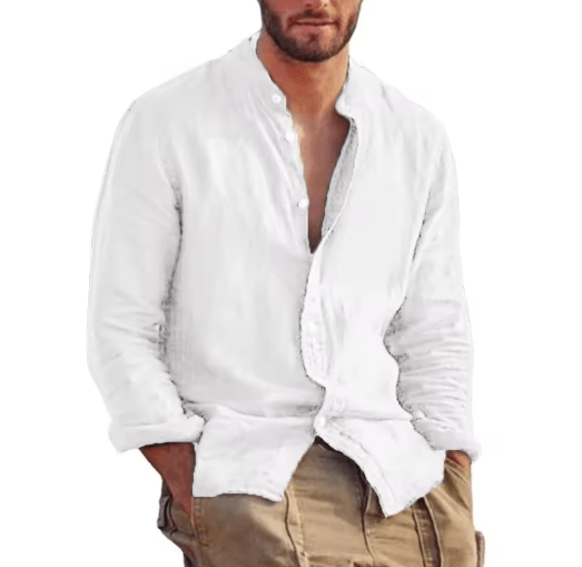 Mens Linen Long Sleeve Shirt Lightweight Stand Collar Casual Breathable Top