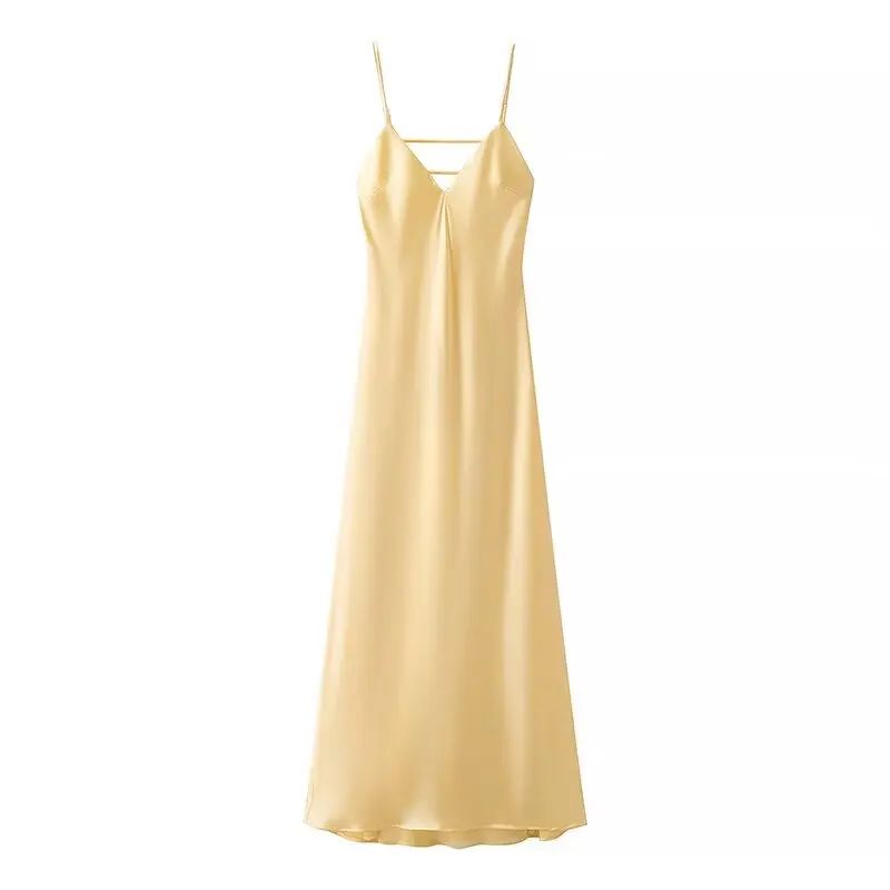Sunlit Grace Yellow Satin V-Neck Maxi Dress – Elegant Sleeveless Summer Party Dress