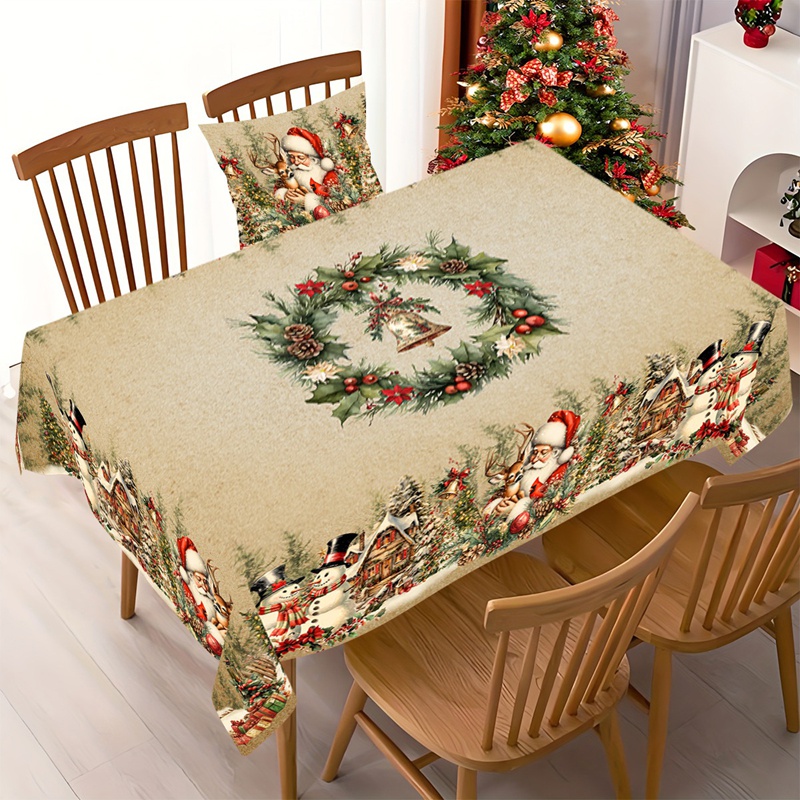 Vintage Christmas Tablecloth with Santa Snowman Design, Christmas Decorations for Home, Xmas Gifts Navidad Noel New Year